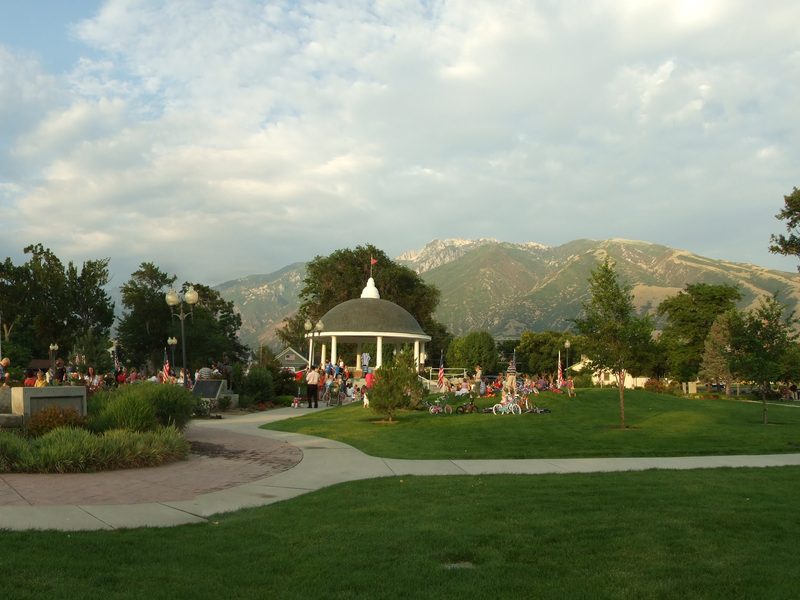 Draper Historic Park with gazebo, lawn, and Wasatch Mountains beyond, Draper, Utah