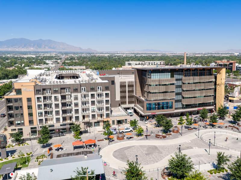 Millcreek City Hall and Millcreek Common plaza with apartments and Oquirrh Mountains beyond, Millcreek, Utah