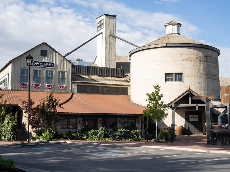 Historic Gardner Mill building and silo at Gardner Village in West Jordan, Utah